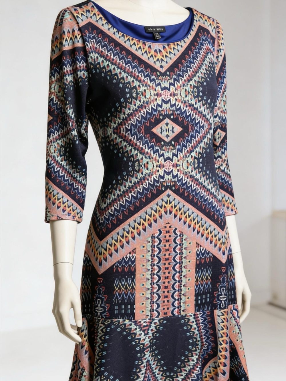 As U Wish Retro Geometric Print 3/4 Sleeve Ruffle Hem Dress - XL